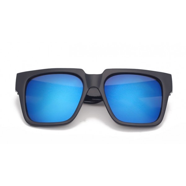 Black Oversized Blue Mirror Rectangular Polarized Mirror Lens Sunglasses 